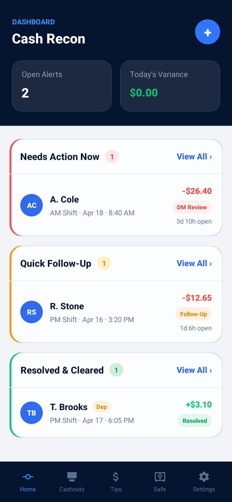 Tillzen Cash Recon dashboard showing open alerts, variance totals, and action queues.
