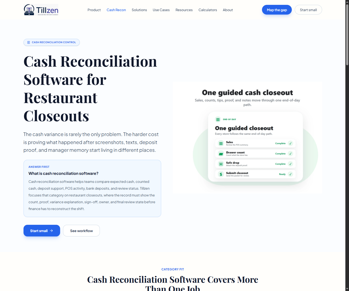 Live Tillzen cash reconciliation page proof screenshot
