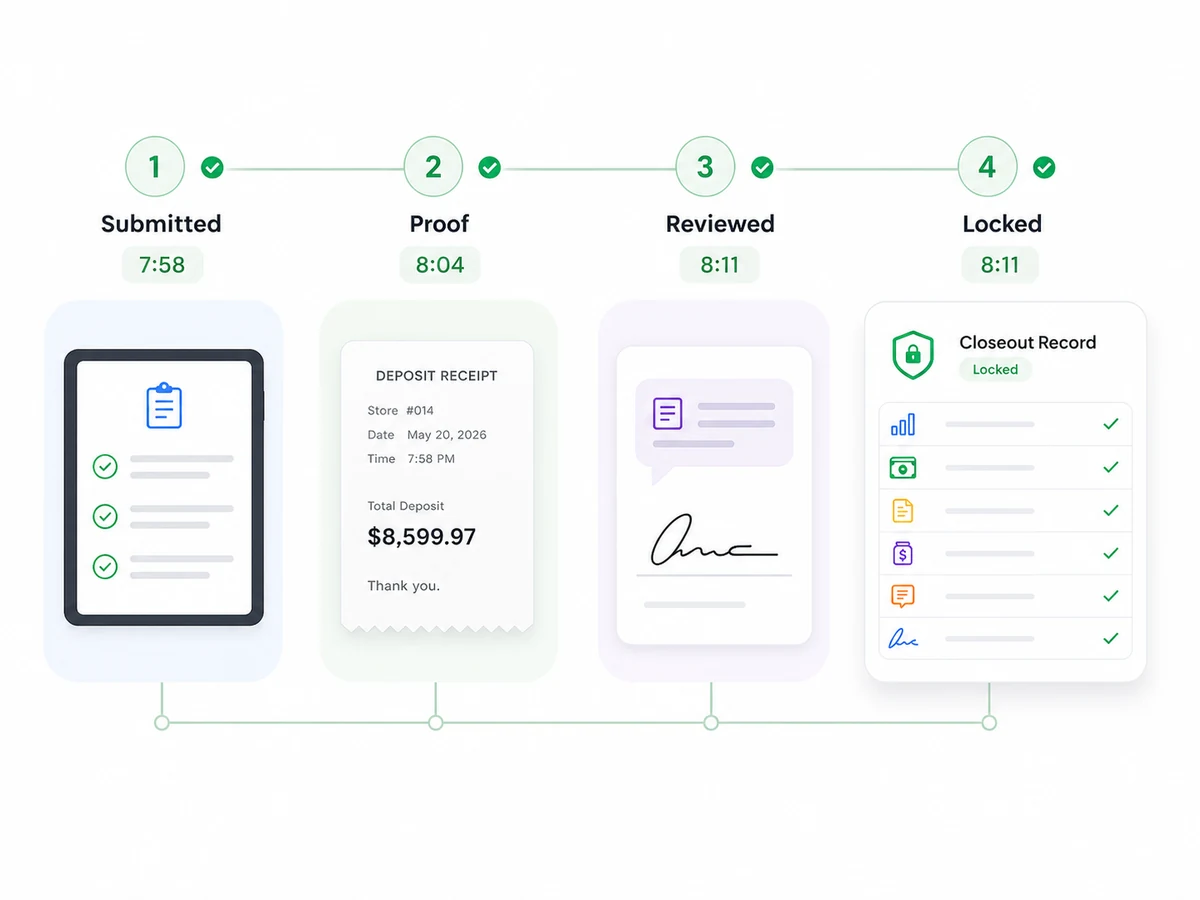 Finance-ready closeout audit trail showing proof, reason, owner, and review status.