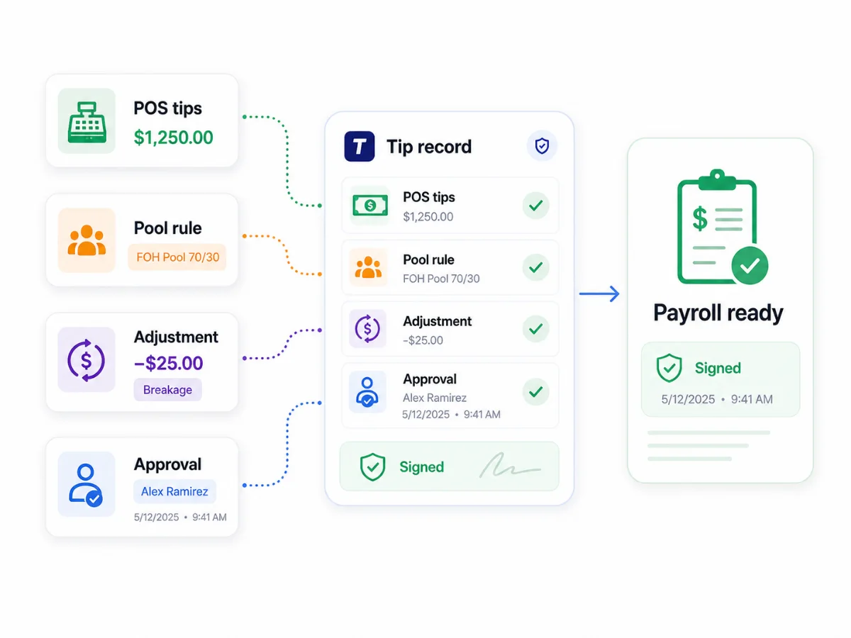 Tip record image showing POS tips and adjustments becoming one signed payroll record.